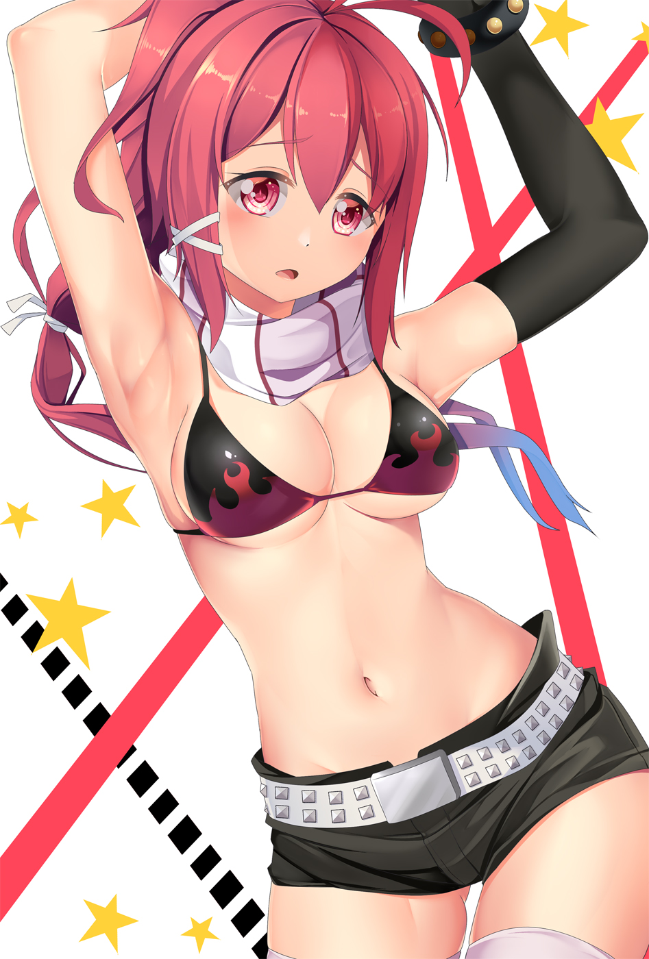 1girl alternate_costume armpits arms_up ass_visible_through_thighs belt bikini bikini_top blush breasts commentary_request cowboy_shot elbow_gloves gloves hair_ornament hair_ribbon highres i-168_(kantai_collection) kantai_collection long_hair looking_at_viewer medium_breasts navel open_mouth ponytail red_eyes red_hair ribbon scarf short_shorts shorts simple_background single_glove skindentation solo string_bikini swimsuit tengen_toppa_gurren_lagann thighhighs white_background yasume_yukito yoko_littner