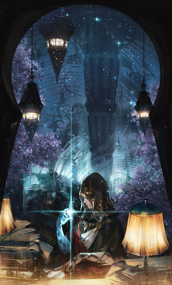 1boy book book_stack chair closed_mouth crystal crystal_exarch diffraction_spikes final_fantasy final_fantasy_xiv gem holding hood hood_up jewelry lamp light_particles male_focus paper plant sitting solo table tree xiling