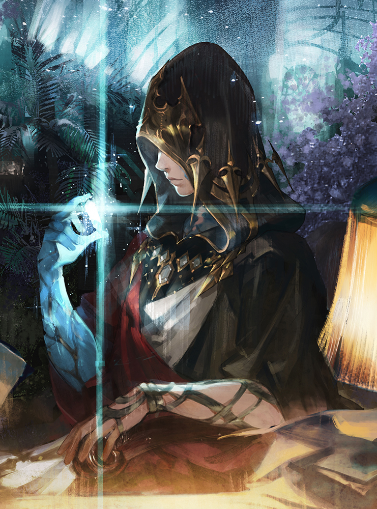 1boy chair closed_mouth cropped crystal crystal_exarch diffraction_spikes final_fantasy final_fantasy_xiv gem holding hood hood_up jewelry lamp male_focus paper plant sitting solo table tree xiling