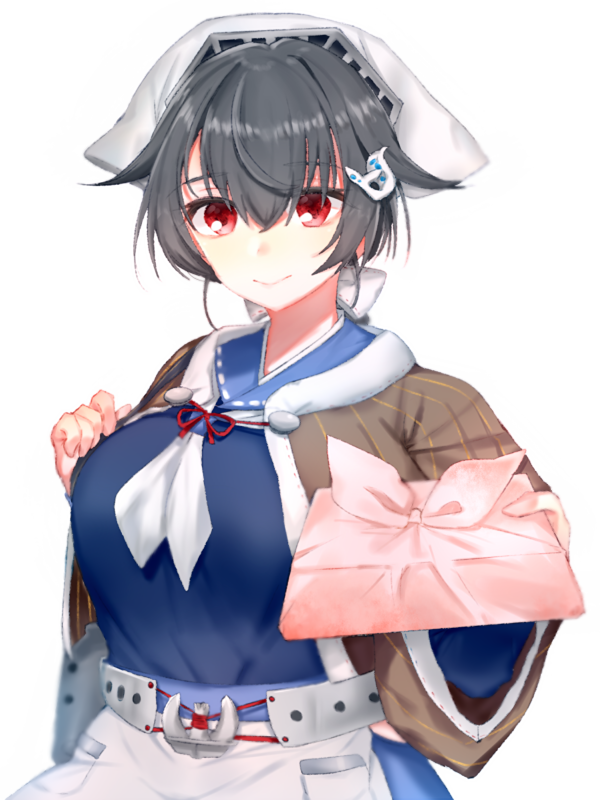 1girl apron bandana bangs black_hair blue_sailor_collar breasts brown_shawl folte hair_between_eyes hair_flaps hair_ornament hair_ribbon holding jingei_(kantai_collection) kantai_collection large_breasts neckerchief obentou red_eyes ribbon sailor_collar shawl simple_background smile solo upper_body waist_apron white_background white_neckwear