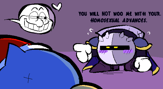 &lt;3 anthro anus armor avian bird blush cape clothing duo english_text humor king king_dedede kirby_(series) male male/male mask meta_knight nintendo penguin royalty text torquewintress video_games x_anus