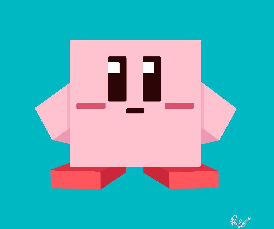 2020 alien black_eyes blue_background crossover kirby kirby_(series) looking_at_viewer male minecraft nintendo not_furry nude pink_body pink_hands pink_skin pocketsizedproductions pupils red_feet rosy_cheeks simple_background solo square square_pupils standing super_smash_bros. super_smash_bros._ultimate video_games waddling_head