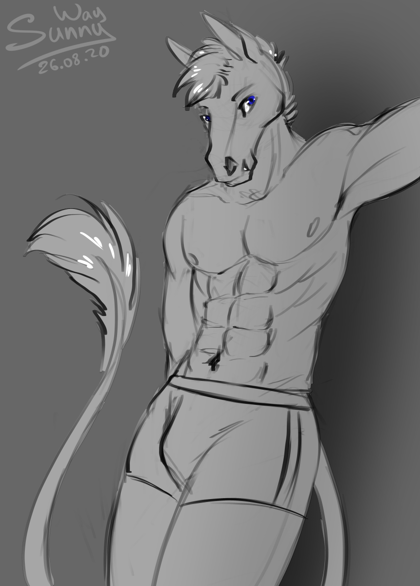 anthro artwork_(digital) cute_face digital_drawing_(artwork) digital_media_(artwork) equid equine equis_universe fangs hi_res horse ilarn_eiluned kell male mammal muscular muscular_anthro muscular_male pinup pose sketch solo sunny_way