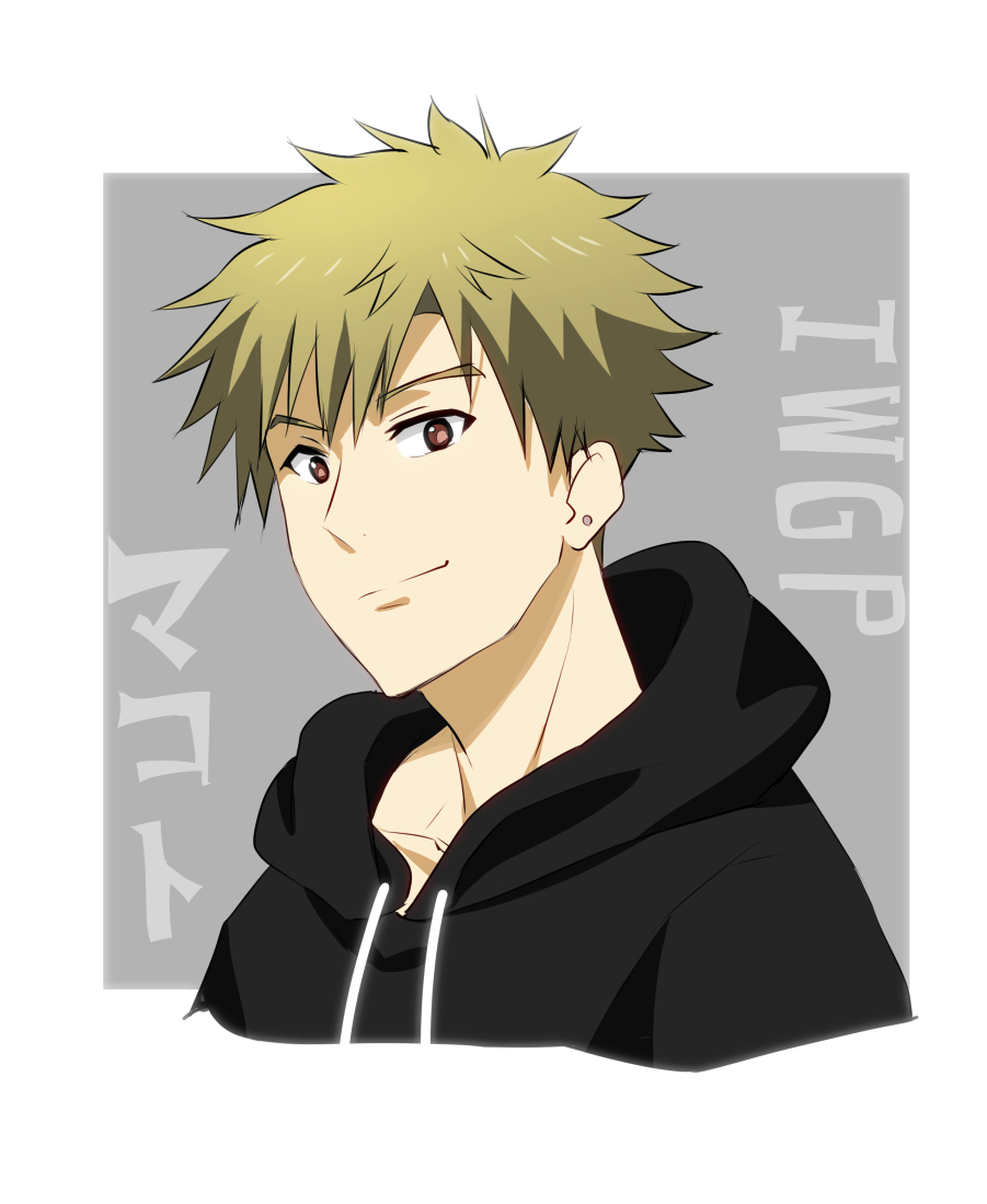 1boy brown_eyes brown_hair earrings hood hood_down hoodie ikebukuro_west_gate_park jewelry majima_makoto male_focus sigerufn simple_background smile stud_earring upper_body