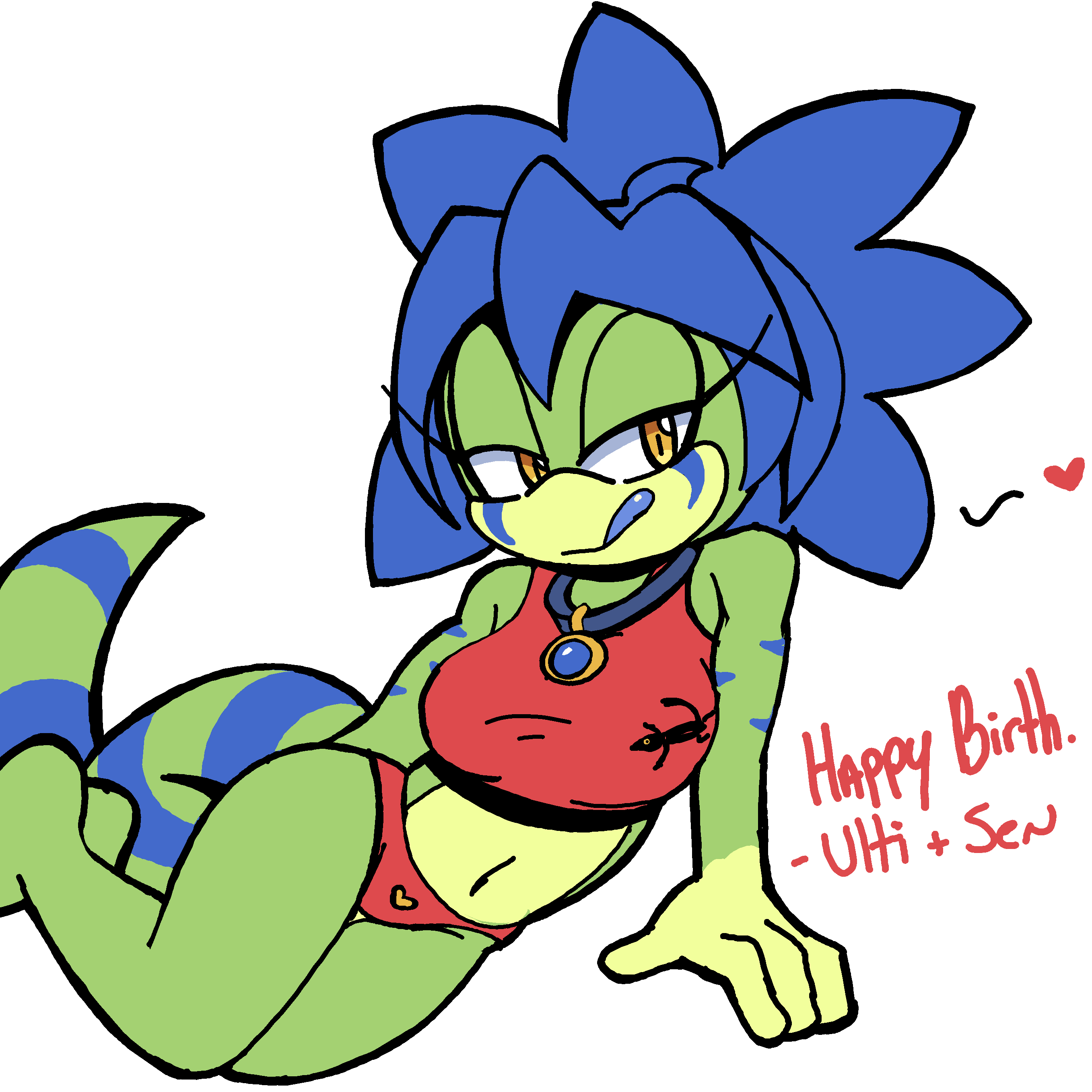 &lt;3 1:1 2020 4_fingers absurd_res anthro barefoot blonde_hair blue_body blue_hair blue_scales blue_stripes blue_tongue breasts chrome_(felino) clothed clothing crop_top english_text fan_character female fingers gecko green_body green_scales green_stripes hair half-closed_eyes happy_birthday heart_panties hi_res jewelry lizard looking_away lying midriff narrowed_eyes necklace non-mammal_breasts on_side panties red_clothing red_panties red_topwear red_underwear reptile scales scalie senshion shirt simple_background solo sonic_the_hedgehog_(series) striped_body striped_scales stripes tank_top text tongue tongue_out topwear underwear white_background