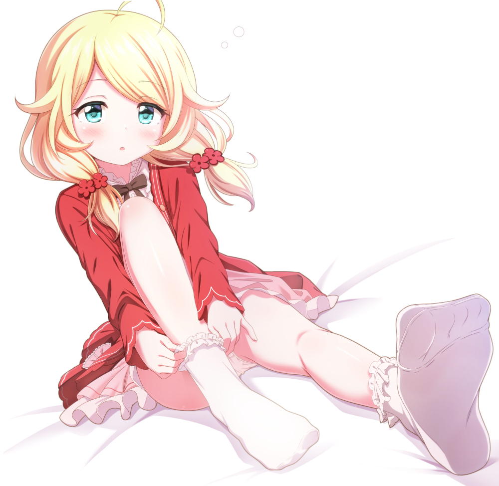 1girl :o ahoge ayase_midori bangs bed_sheet black_bow blonde_hair blue_eyes blush bow commentary_request eyebrows_visible_through_hair flower frilled_legwear hair_flower hair_ornament idolmaster idolmaster_cinderella_girls jacket knee_up long_hair long_sleeves looking_at_viewer low_twintails open_clothes open_jacket parted_lips pink_skirt pleated_skirt red_flower red_jacket shirt skirt sleeves_past_wrists socks solo swept_bangs twintails white_background white_legwear white_shirt yusa_kozue