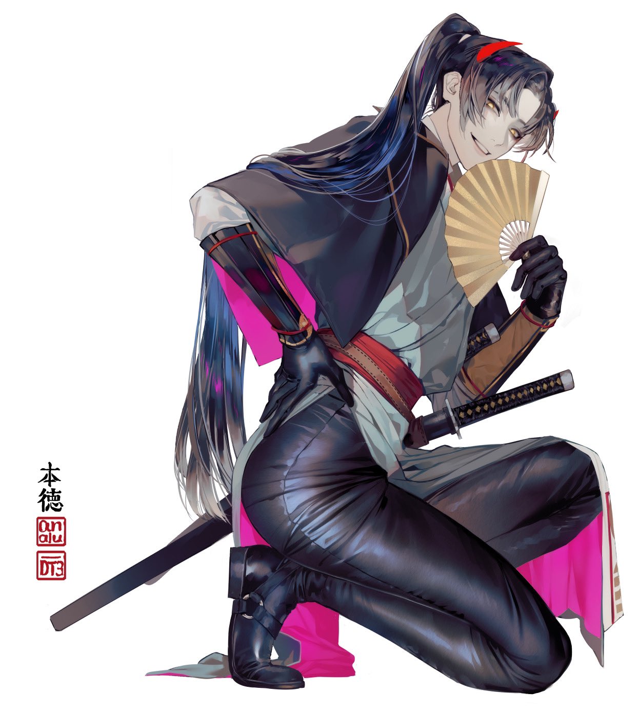 artist_name bangs black_capelet black_gloves black_hair black_pants capelet check_copyright commentary_request copyright_request fan from_side full_body gloves hand_on_hip hand_up highres holding holding_fan identity_v katana long_hair looking_at_viewer male_focus multicolored_capelet pants pink_capelet ponytail sheath sheathed simple_background smile solo sword wadani_hitonori weapon white_background