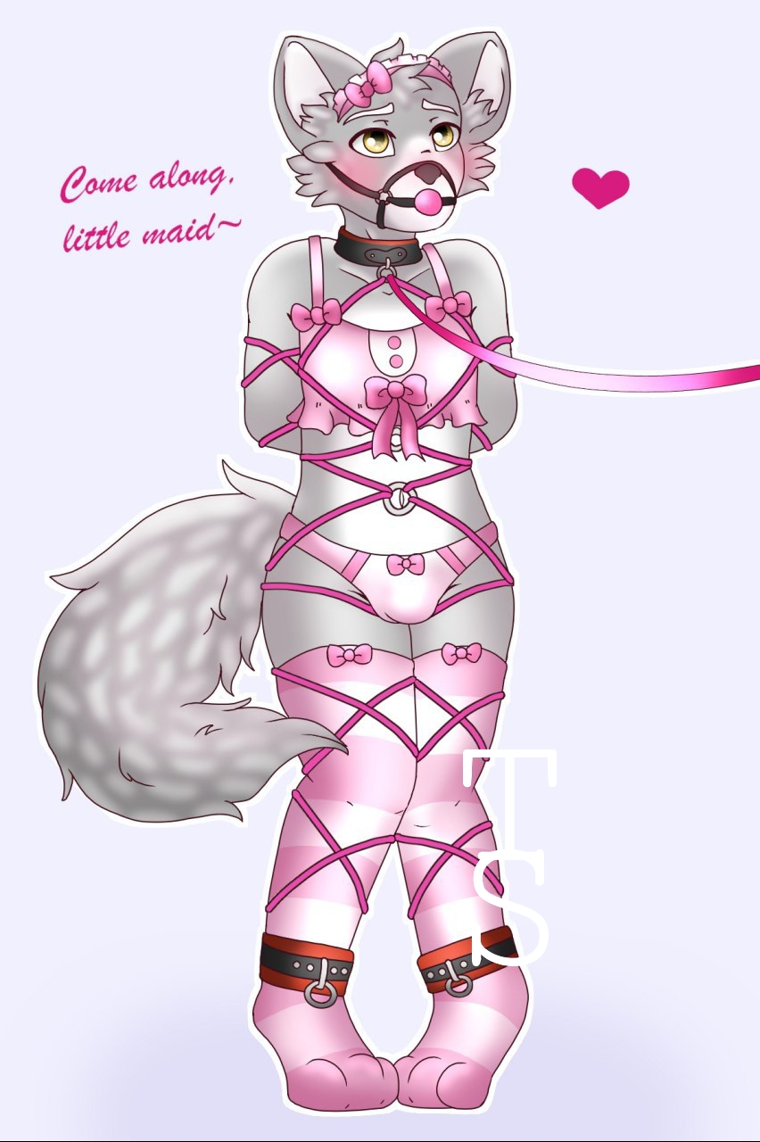 &lt;3 accessory ankle_cuffs anthro ball_gag blush bound bulge canid canine canis clothing collar crop_top dialogue english_text fluffy fluffy_tail gag hair_accessory hair_bow hair_ribbon hands_behind_back harness harness_ball_gag harness_gag hi_res knock-kneed leash looking_up maid_headdress male mammal muzzle_(object) panties ribbons rope rope_bondage rope_harness shackles shirt solo text tomasyri topwear underwear wolf wolfiescootaloo yellow_eyes