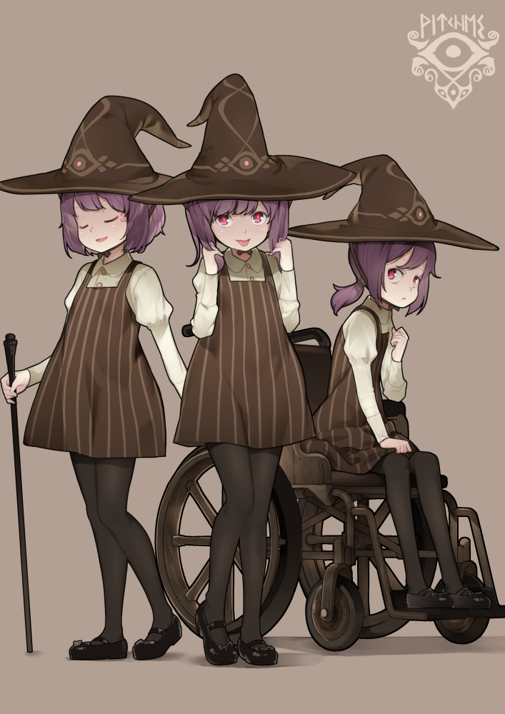 3girls aoi_tsunami bangs black_footwear black_legwear brown_background brown_dress brown_headwear closed_eyes collared_shirt commentary_request dress dress_shirt eyebrows_visible_through_hair hat holding juliet_sleeves long_sleeves low_ponytail mary_janes multiple_girls original pantyhose parted_lips ponytail puffy_sleeves purple_hair red_eyes shirt shoes sitting sleeveless sleeveless_dress smile standing striped tongue tongue_out vertical-striped_dress vertical_stripes wheelchair white_shirt witch witch_hat