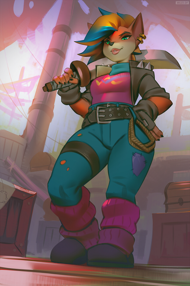 2020 activision anthro bandicoot belt bottomwear clothing crash_bandicoot_(series) crate cutlass digital_media_(artwork) ear_piercing ear_ring female fingerless_gloves footwear gloves handwear holding_object holding_sword holding_weapon jacket mammal marsupial melee_weapon miles_df pants piercing pirate_tawna rope solo sword tawna_bandicoot topwear video_games weapon