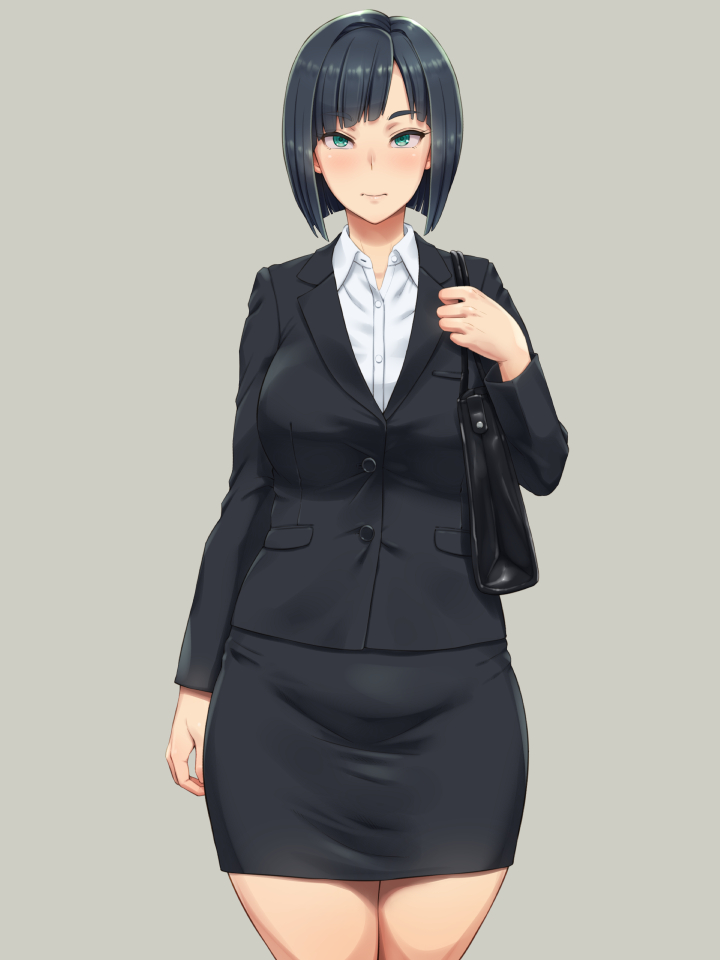 1girl aqua_eyes bangs black_hair blush breasts grey_background office_lady original pencil_skirt shikuta_maru short_hair simple_background skirt solo