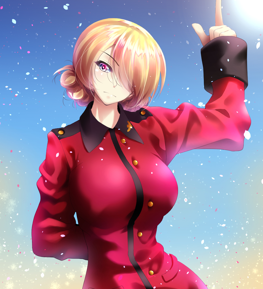 1girl arm_behind_back blue_eyes braid breasts cowboy_shot darjeeling_(girls_und_panzer) french_braid girls_und_panzer hair_over_one_eye kitamura_eri large_breasts looking_at_viewer miraino_tsubasa petals pointing pointing_up smile solo st._gloriana's_military_uniform