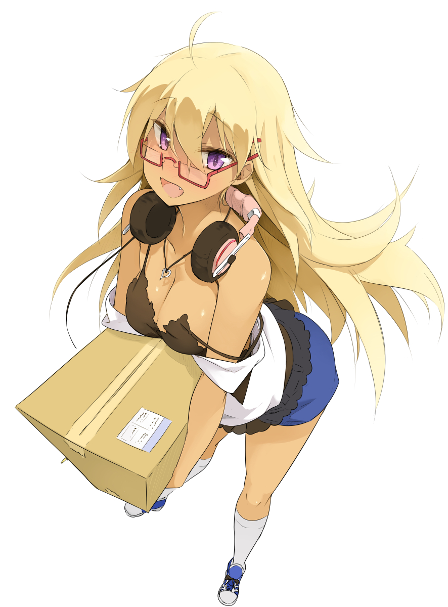 1girl blonde_hair box breasts camisole cardboard_box cleavage dark_skin eyebrows_visible_through_hair fang foreshortening full_body glasses hair_between_eyes headphones headphones_around_neck highres jewelry long_hair looking_at_viewer maruku medium_breasts necklace open_mouth original purple_eyes red-framed_eyewear semi-rimless_eyewear shorts solo strap_slip white_background