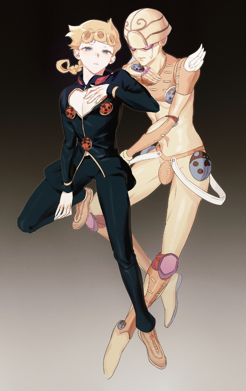 2boys blue_eyes braid chest cleavage_cutout clothing_cutout floating full_body giorno_giovanna gold_experience half-closed_eyes highres jojo_no_kimyou_na_bouken long_sleeves looking_at_viewer male_focus multiple_boys ningzzz pants parted_lips stand_(jojo) symbol_commentary vento_aureo