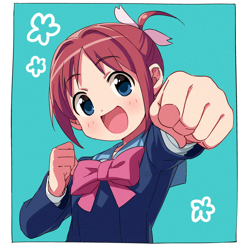 1girl :d ahoge amamiya_manami blue_eyes blue_shirt blush bow bowtie brown_hair clenched_hand commentary_request eyebrows_visible_through_hair fist_bump gakuen_utopia_manabi_straight! green_background hair_ribbon happy long_sleeves looking_at_viewer massugu_go open_mouth pink_bow pink_ribbon ribbon sailor_collar sayshownen school_uniform seiou_gakuen_school_uniform serafuku shirt short_hair simple_background smile solo upper_body