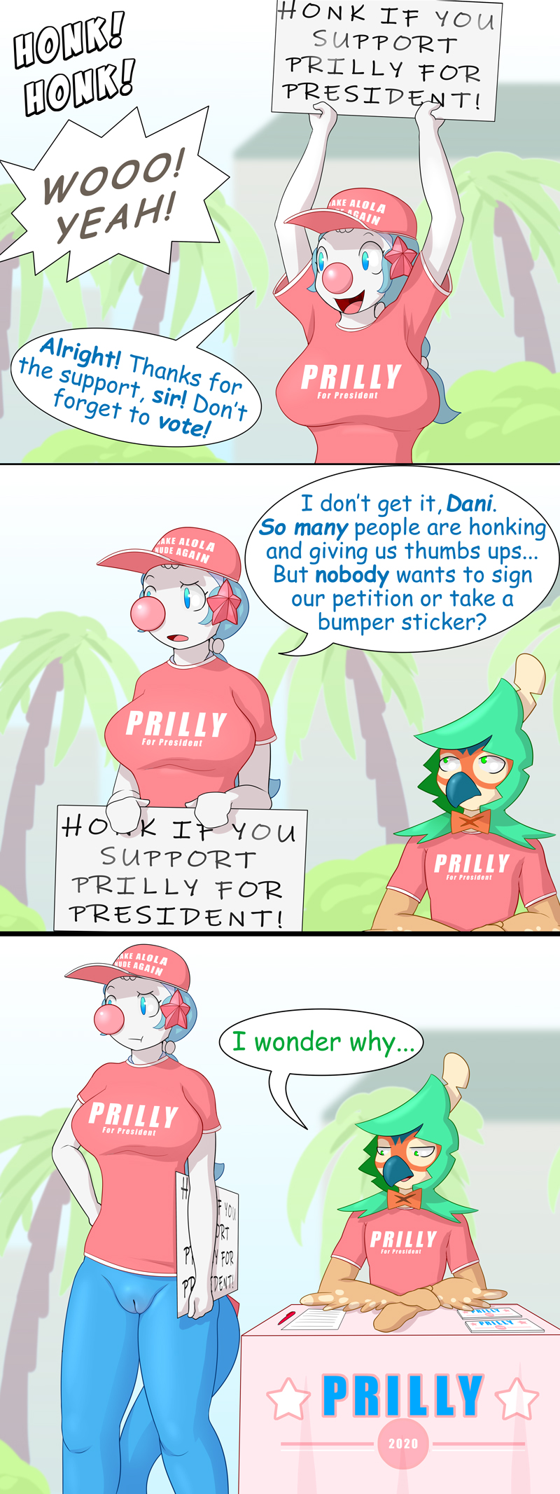 anthro avian bird booth bottomless breasts building bumper_sticker camel_toe campaign clothed clothing dani_(lysergide) decidueye digital_media_(artwork) duo election english_text evergreen_tree female genitals hat headgear headwear hi_res honk house lysergide male male/female nintendo open_mouth outside palm_tree paper pen pok&eacute;mon pok&eacute;mon_(species) politics prilly_(lysergide) primarina pussy shirt sign speech_bubble t-shirt text topwear tree video_games