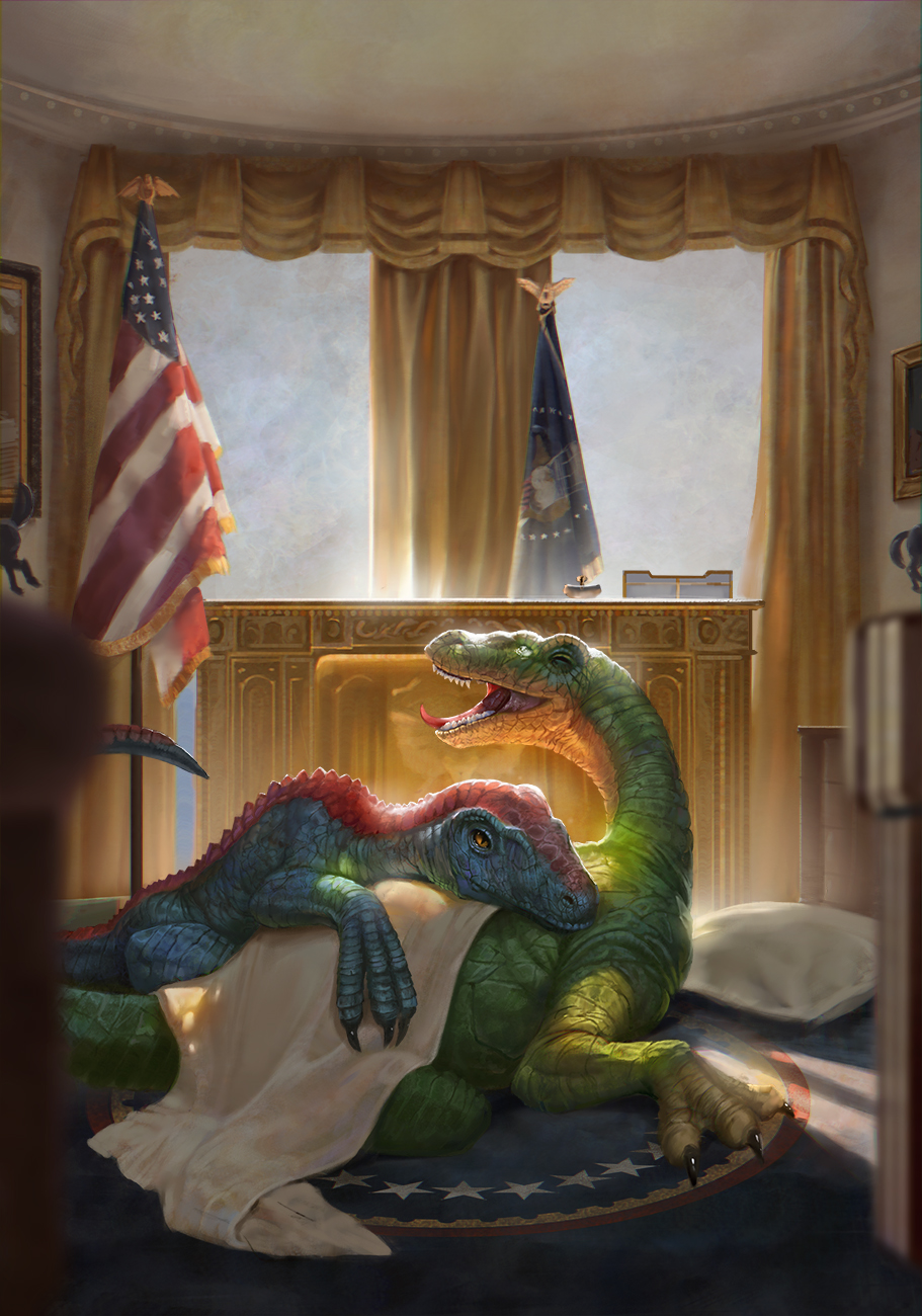 amber_eyes bedding blanket carpet claws conditional_dnp cuddling curtains curtains_open desk dinosaur duo feral flag furniture hi_res latex_(artist) office open_mouth reptile scalie stars_and_stripes teeth tongue united_states_of_america white_house