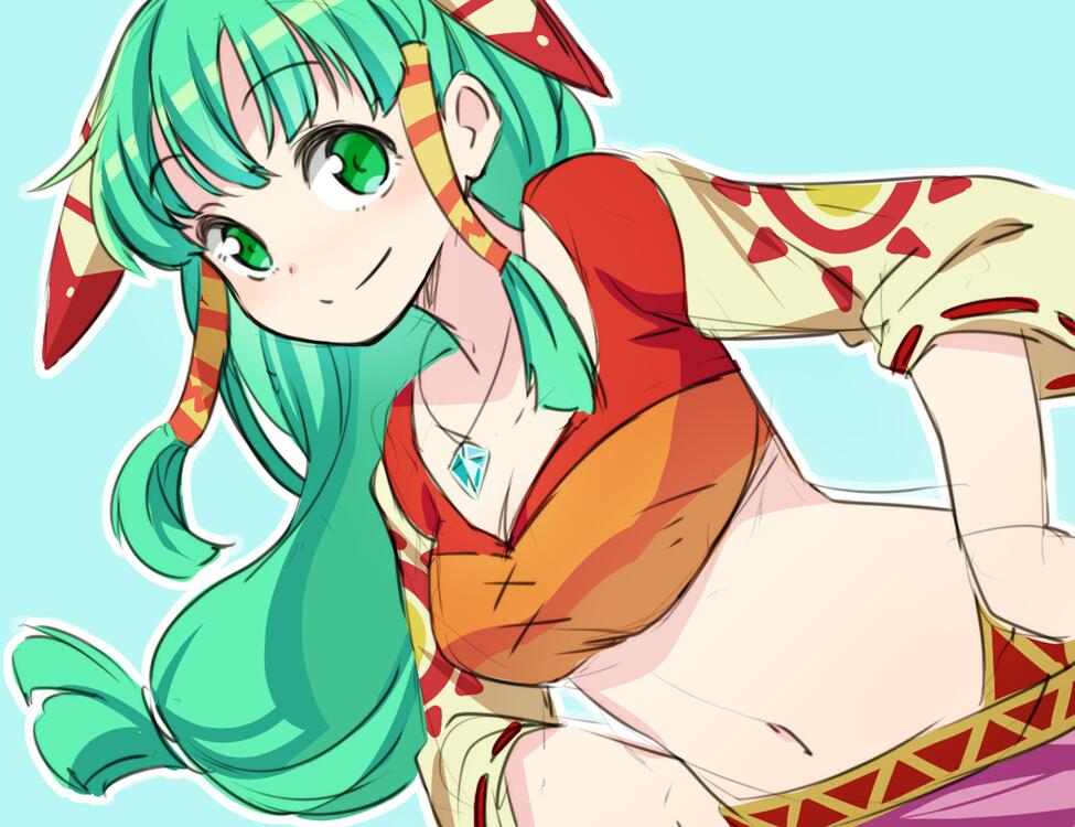 1girl breasts closed_mouth feena_(grandia) grandia grandia_i green_eyes green_hair hair_ornament hair_tubes jewelry laco_soregashi long_hair looking_at_viewer low-tied_long_hair midriff navel necklace simple_background skirt smile solo wide_sleeves