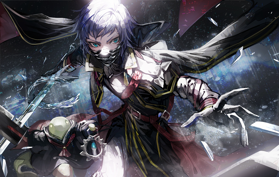 1boy belt black_cape black_gloves black_mask blue_eyes blue_fire blue_hair candle cape cold creature final_fantasy final_fantasy_type-0 fire floating gloves holding holding_lantern holding_sword holding_weapon ice lantern male_focus mask mouth_mask mura_karuki red_belt running sword tonberry weapon yellow_eyes