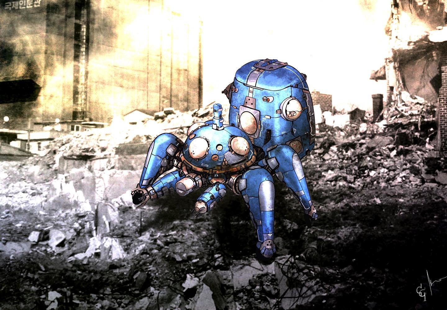 chrome_gear english_commentary from_above ghost_in_the_shell korean_text looking_ahead mecha no_humans photo_background procreate_(medium) robot rubble science_fiction solo tachikoma