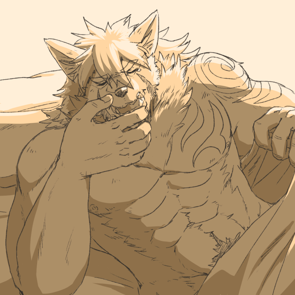 1:1 2020 5_fingers abs bed_sheet bedding canid canine canis eyes_closed fingers fur hair humanoid_hands lying mammal navel nipples nude on_back pubes run_aki tattoo temujin tokyo_afterschool_summoners video_games wolf