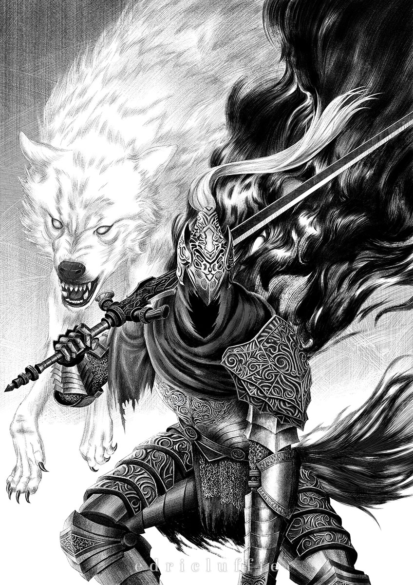 1boy animal armor artist_name artorias_the_abysswalker blank_eyes breastplate cape commentary cowboy_shot dark_souls faceless faceless_male facing_viewer fangs faulds full_armor gauntlets great_grey_wolf_sif greatsword greaves greyscale helmet highres holding holding_sword holding_weapon hood hood_up knight leaning_forward luffie male_focus monochrome open_mouth over_shoulder plume single_pauldron souls_(from_software) sword weapon wolf