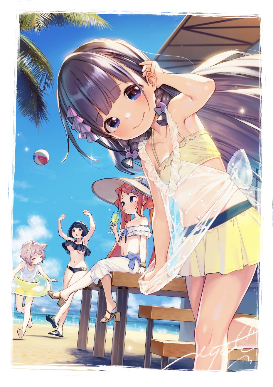 4girls adjusting_hair animal_ears ball barefoot beach beachball bikini bikini_skirt black_hair blue_eyes blue_sky blush bow breasts cloud cup day drinking_glass eyebrows_visible_through_hair flat_chest frilled_bikini frills grey_hair hair_bow hair_ornament hairclip hat henreader high_heels highres innertube komori_sana kyou_kara_ore_wa_loli_no_himo! long_hair looking_at_viewer multiple_girls navel nijou_touka ocean one-piece_swimsuit orange_hair outdoors palm_tree sandals see-through short_hair sitting skirt sky smile sonohara_maya strapless summer sun_hat swimsuit symbol_commentary tanzawa_chizuru tree tubetop twintails underboob water white_swimsuit