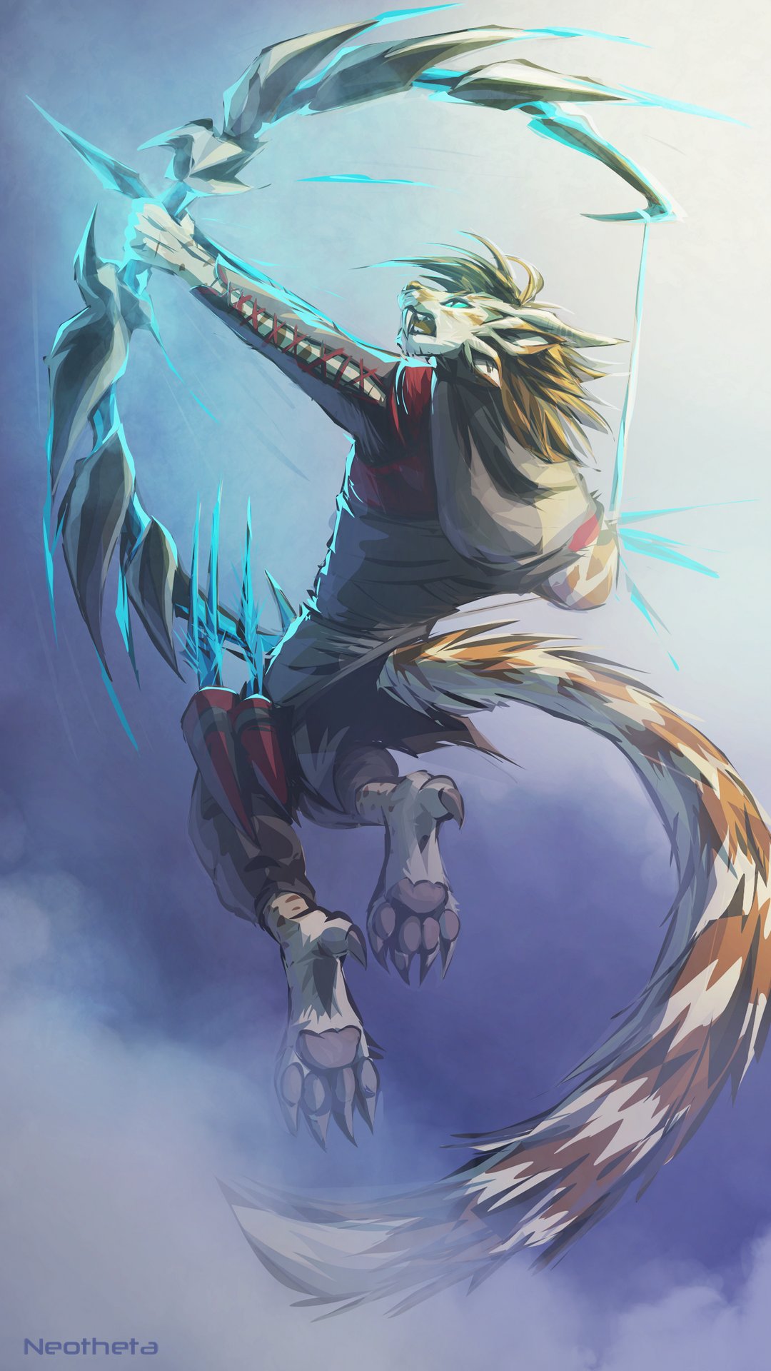 4_toes 5_fingers 9:16 anthro arrow black_hair blue_eyes day detailed_background felid feline fingers hair hi_res holding_bow holding_object holding_weapon male mammal neothetaa open_mouth outside sky solo teeth toes weapon