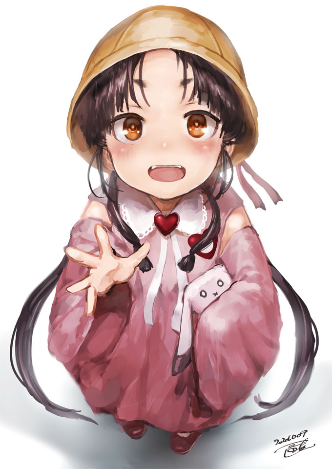1girl :d alternate_hairstyle black_hair brown_eyes cosplay dated full_body hat kantai_collection kindergarten_uniform long_hair nisshin_(kantai_collection) open_mouth school_hat short_eyebrows signature simple_background sleeves_past_fingers sleeves_past_wrists smile solo standing thick_eyebrows toka_(marchlizard) tsukuyomi_ai tsukuyomi_ai_(cosplay) upper_teeth voiceroid white_background wide_sleeves yellow_headwear