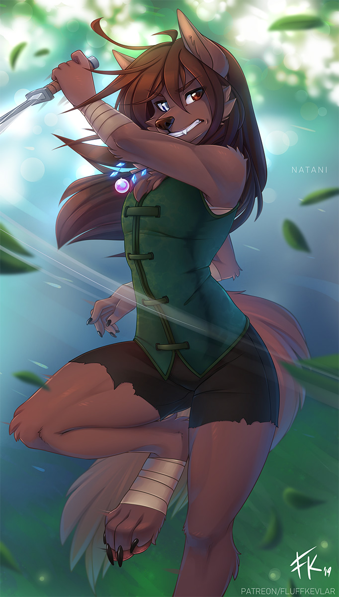 anthro black_nose bottomwear brown_body brown_fur brown_hair canid canine canis claws clothing female fluff-kevlar fur hair hi_res jewelry keidran leaf mammal melee_weapon natani necklace short shorts solo sword twokinds weapon webcomic wolf wrappings