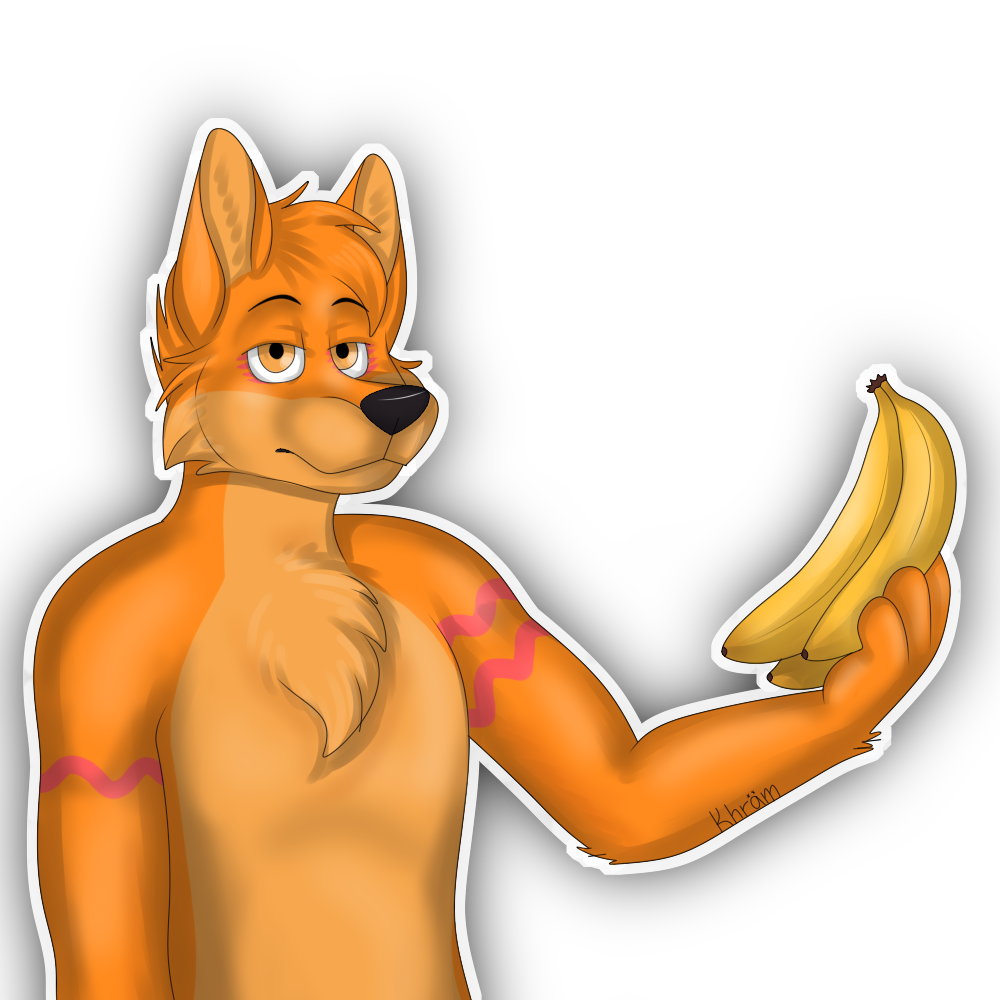 1:1 2020 alpha_channel anthro banana canid canine canis chest_tuft chilliad_(oc) digital_media_(artwork) dingo ears_up food fruit fur half-closed_eyes head_tuft holding_food holding_object khramchee looking_bored male mammal narrowed_eyes orange_body orange_eyes orange_fur plant signature simple_background simple_nose solo transparent_background tuft watermark