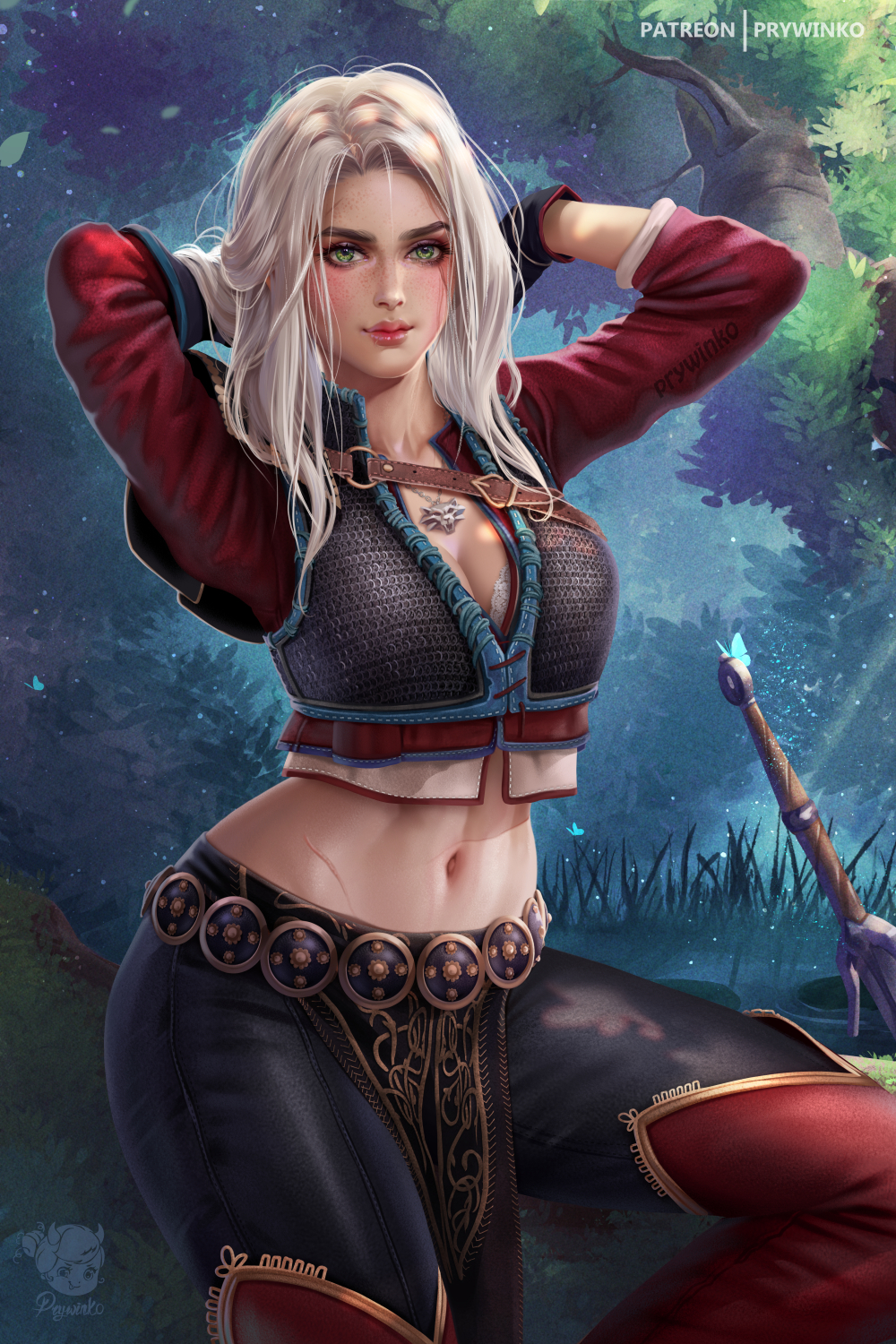 1girl armor black_gloves boots bra bra_peek breasts chainmail ciri cleavage crop_top day forehead forest freckles gloves green_eyes hands_in_hair highres leather leather_pants lips long_sleeves medium_breasts midriff nature navel nose olga_narhova pants pelvic_curtain realistic red_footwear scar scar_across_eye silver_hair solo the_witcher the_witcher_3 thick_eyebrows thigh_boots thighhighs underwear white_bra