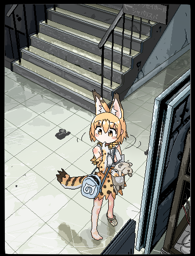 1girl animal_ears bangs bare_legs bare_shoulders barefoot bow bowtie commentary_request elbow_gloves extra_ears eyebrows_visible_through_hair finger_to_mouth from_above full_body gloves hair_between_eyes high-waist_skirt holding holding_stuffed_toy i_love_serval kemono_friends looking_to_the_side medium_hair oekaki orange_hair print_bow print_gloves print_skirt serval_(kemono_friends) serval_ears serval_print serval_tail shirt single_sock skirt socks solo stairs standing stuffed_animal stuffed_toy tail yellow_eyes