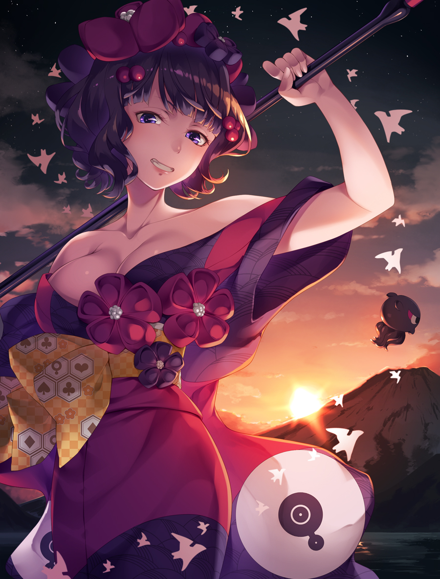1girl bare_shoulders breasts commentary_request fate/grand_order fate_(series) flower grin hair_flower hair_ornament japanese_clothes katsushika_hokusai_(fate/grand_order) kimono large_breasts looking_at_viewer mountain mukunokino_isshiki octopus off-shoulder_kimono purple_hair purple_kimono short_hair smile solo sunset tokitarou_(fate/grand_order)