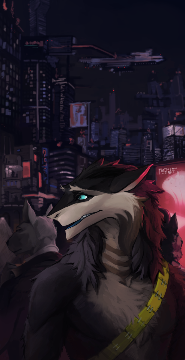 2015 amazing_background anthro biped black_body black_clothing black_fur black_topwear blue_eyes building canid canine canis city clothed clothing detailed_background digital_media_(artwork) domestic_dog duo fur futuristic hi_res jovann male mammal multicolored_body multicolored_fur open_mouth sergal solo_focus standing suit topless topwear two_tone_body two_tone_fur white_body white_fur whiteleonard