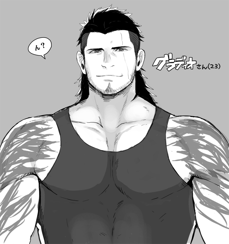 1boy bara bare_shoulders black_hair black_tank_top chest facial_hair facial_scar final_fantasy final_fantasy_xv gladiolus_amicitia greyscale long_hair looking_at_viewer male_focus manly monochrome muscle nabana_(bnnbnn) scar shoulder_tattoo solo stubble tank_top tattoo translation_request