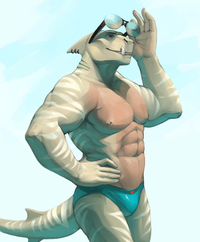 2015 5_fingers abs anthro biceps biped black_eyebrows blue_clothing blue_swimwear bulge clothed clothing digital_media_(artwork) eyebrows eyewear fangs fin fin_piercing fingers fish front_view furgonomics furry-specific_piercing gills grey_body grey_nipples grey_skin grin hand_on_hip head_fin humanoid_hands kain_(calamities156) male marine multicolored_tail muscular muscular_anthro muscular_male nipple_piercing nipples pecs piercing shark simple_background smile solo speedo standing striped_body striped_skin striped_tail stripes sunglasses swimwear tail_fin teeth topless two_tone_tail white_body white_skin white_stripes whiteleonard