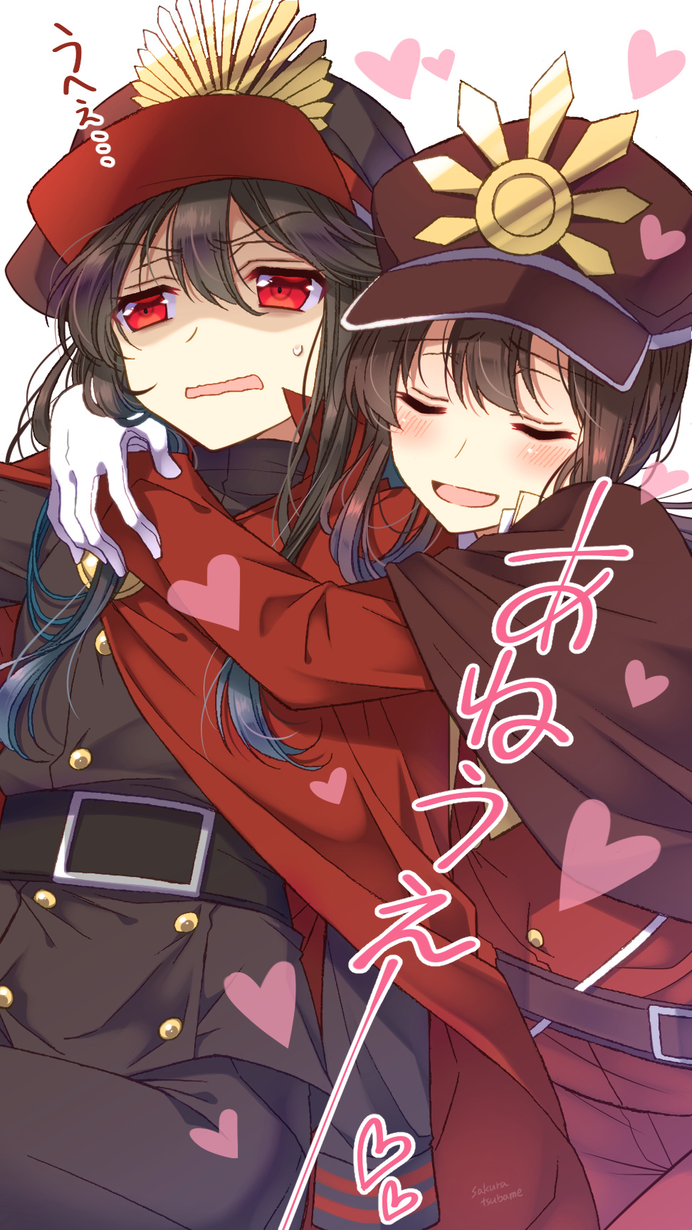 1boy 1girl :d bangs black_hair black_headwear black_jacket black_pants blush brother_and_sister brown_cape brown_hair brown_headwear cape closed_eyes eyebrows_visible_through_hair family_crest fate/grand_order fate_(series) hair_between_eyes hat heart highres hug jacket long_hair military_hat oda_nobukatsu_(fate/grand_order) oda_nobunaga_(fate) oda_nobunaga_(fate)_(all) oda_uri open_mouth pants peaked_cap red_cape red_eyes red_jacket sakura_tsubame shaded_face siblings smile sweat translation_request wavy_mouth