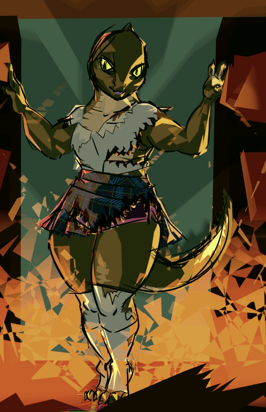 anthro bookshelf burning_building burnt_clothing clothing draconic female fire firebreather furniture greenpolygon hi_res library looking_at_viewer reptoid scalie school_uniform thick_thighs uniform yellow_eyes