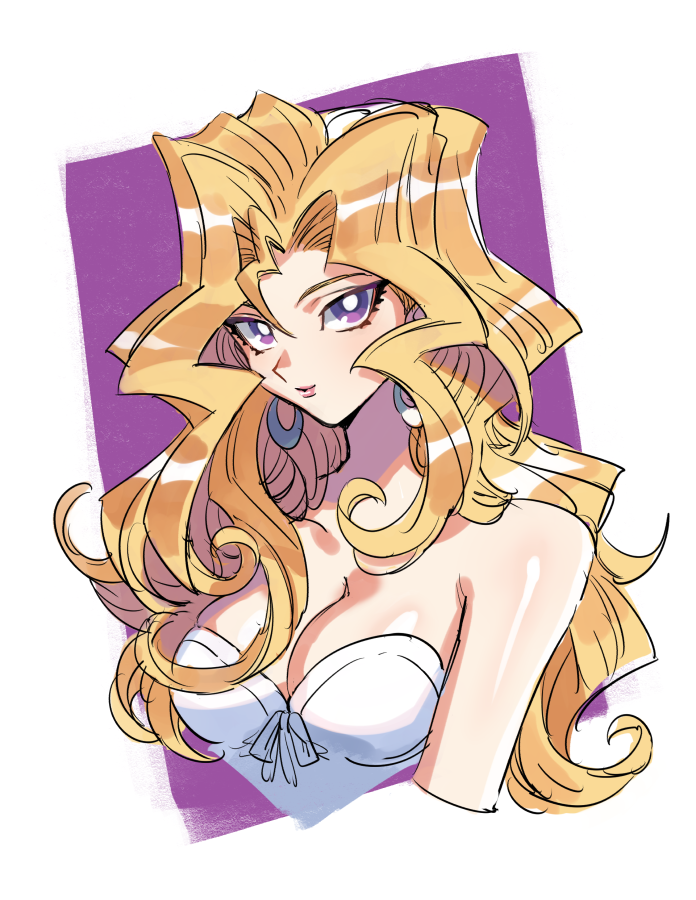 1girl blonde_hair breasts cleavage closed_mouth collarbone cropped_arms cropped_torso earrings hair_between_eyes jewelry kujaku_mai long_hair looking_at_viewer medium_breasts purple_background purple_eyes shiny shiny_hair shiny_skin sketch smile solo strapless torinomaruyaki two-tone_background very_long_hair white_background yu-gi-oh! yu-gi-oh!_duel_monsters