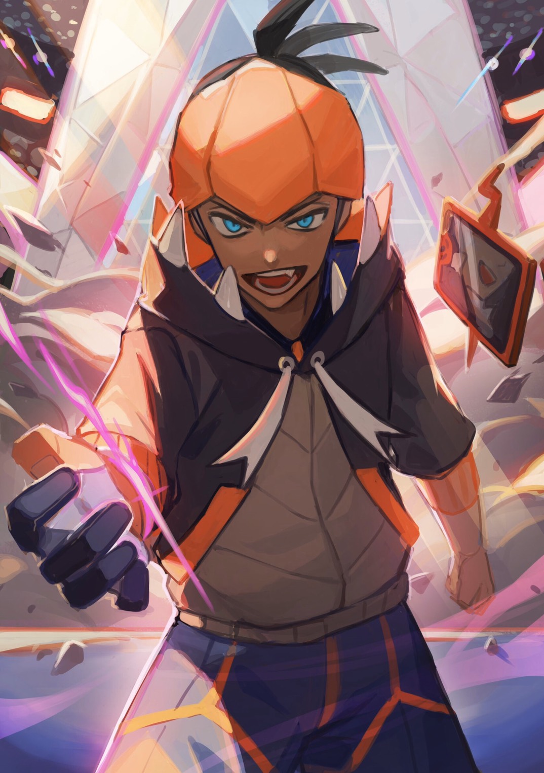 1boy black_hair black_hoodie blue_eyes clenched_hand commentary_request dark_skin dark_skinned_male duraludon gen_4_pokemon gen_8_pokemon gigantamax gigantamax_duraludon gloves gym_leader highres looking_at_viewer open_mouth orange_headwear outstretched_hand partly_fingerless_gloves pokemon pokemon_(creature) pokemon_(game) pokemon_swsh raihan_(pokemon) rotom rotom_phone single_glove teeth tongue tsugutoku