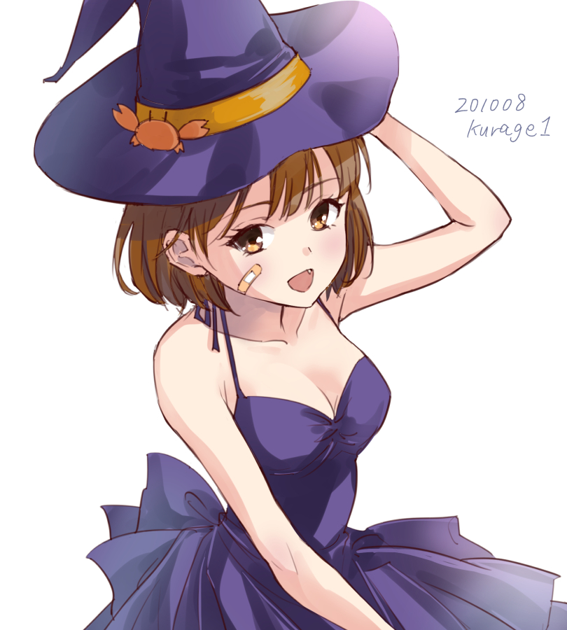 1girl alternate_costume animal_on_head bandaid bandaid_on_face black_headwear breasts brown_eyes brown_hair cleavage collarbone cowboy_shot crab dress hat kantai_collection medium_breasts oboro_(kantai_collection) on_head purple_dress short_hair simple_background smile solo u0709 white_background witch_hat