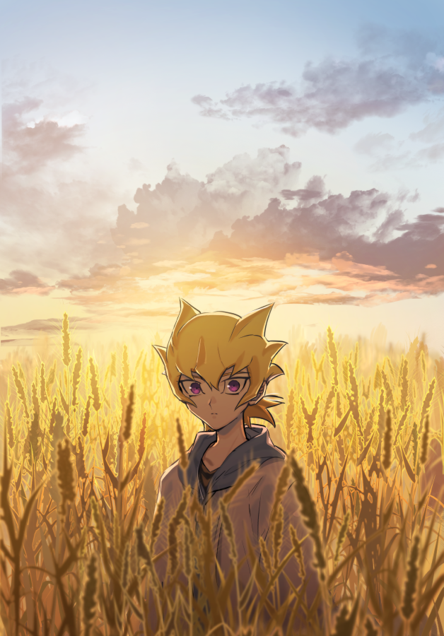 1boy blonde_hair child closed_mouth day jack_atlas jacket looking_at_viewer male_focus outdoors purple_eyes solo torinomaruyaki wheat_field white_jacket younger yu-gi-oh! yu-gi-oh!_5d's