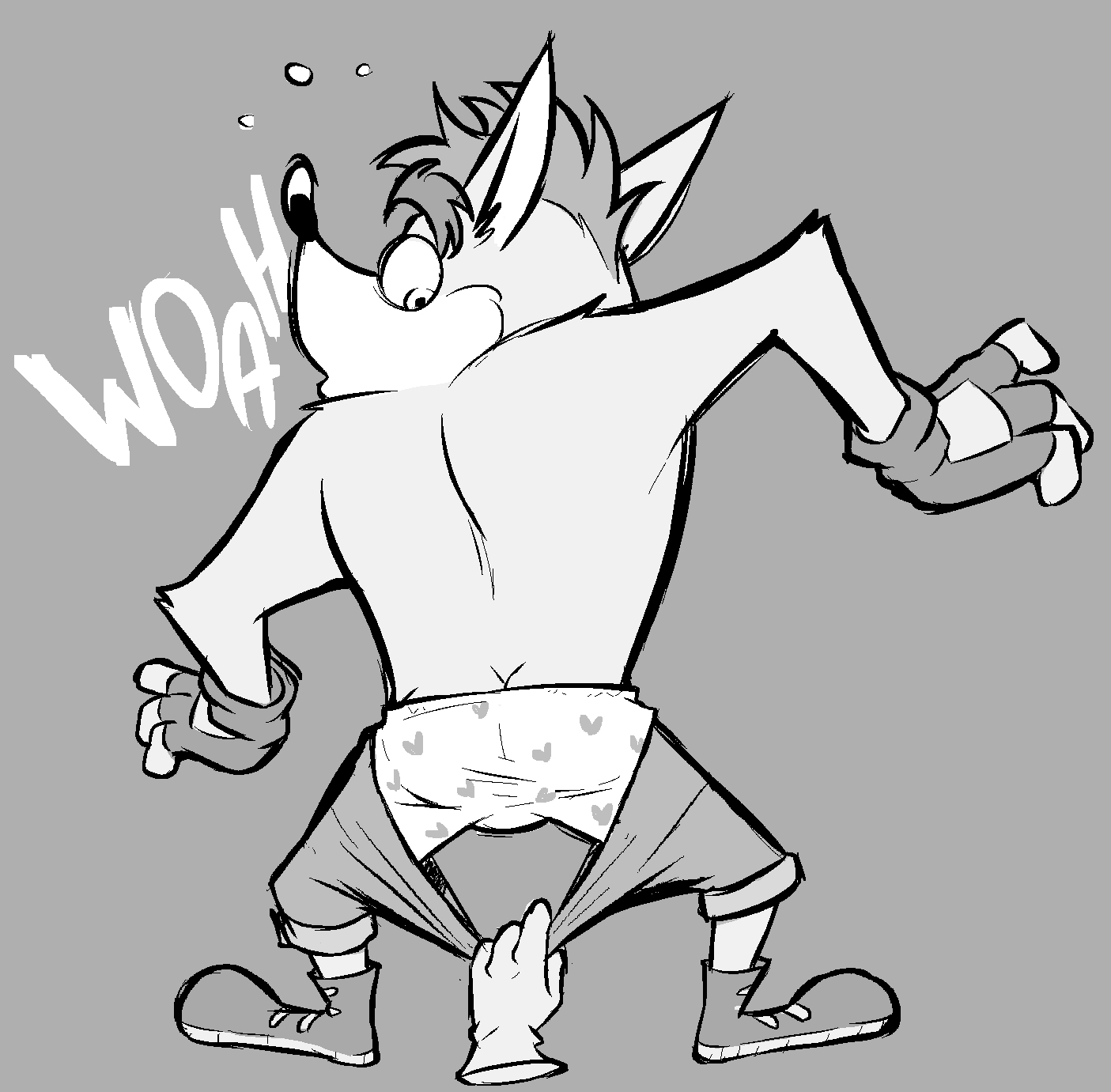 activision anthro assisted_exposure bandicoot clothed clothing crash_bandicoot crash_bandicoot_(series) disembodied_hand fingerless_gloves footwear gloves handwear hi_res looking_back male mammal marsupial monochrome pants_down pantsing partially_clothed shoes solo surprise torquewintress underwear video_games