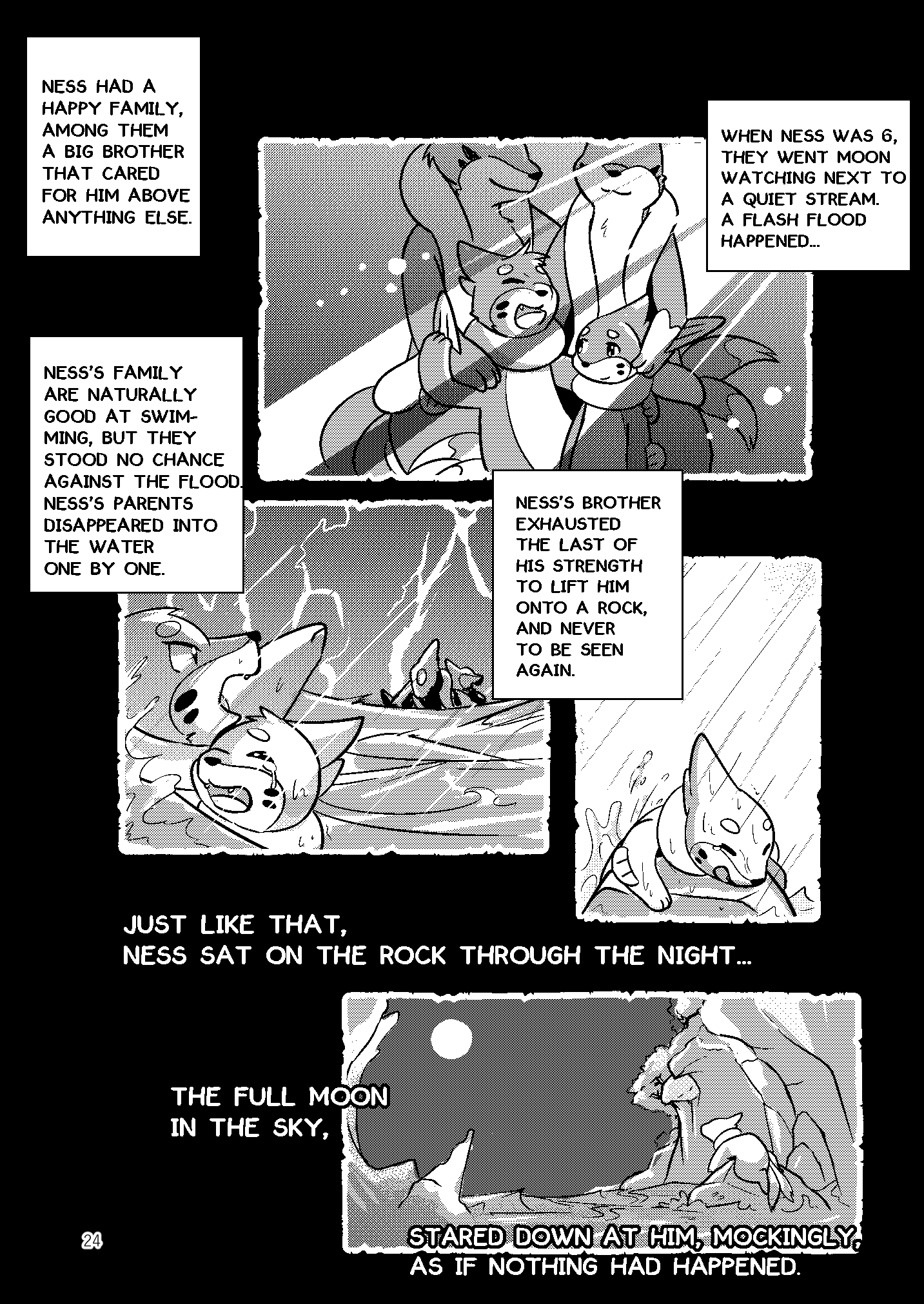 2_tails black_and_white bodily_fluids brother buizel comic crying duo english_text family feral floatzel flood full_moon hi_res lester_(risenpaw) lightning male male/male memory monochrome moon multi_tail neil_(risenpaw) ness_(risenpaw) night nintendo photo pok&eacute;mon pok&eacute;mon_(species) raining risenpaw river shaded sibling storm tears text tragedy video_games