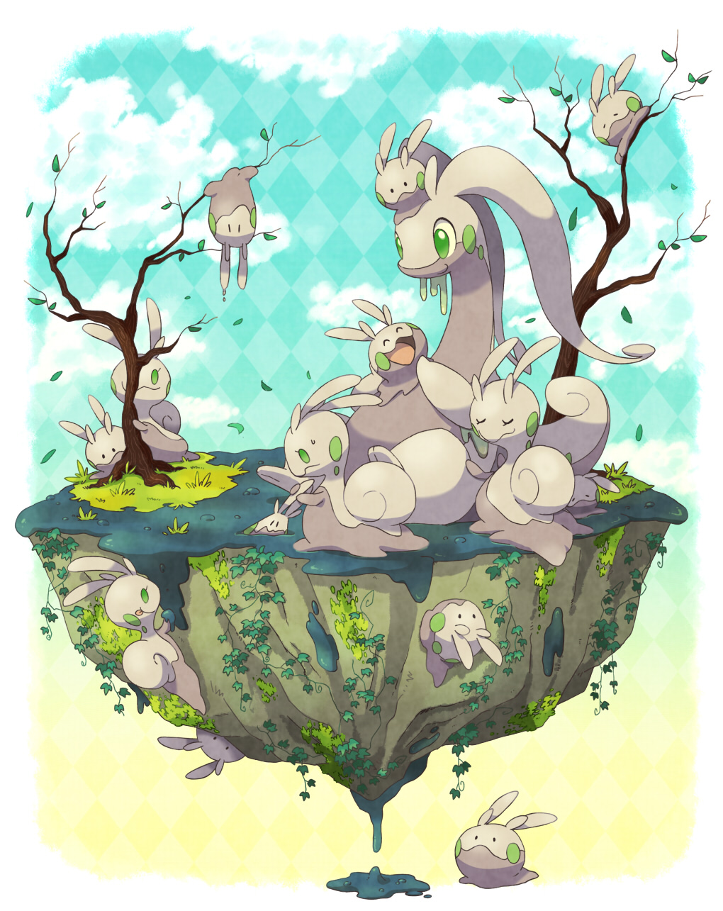 bare_tree closed_mouth cloud commentary_request gen_6_pokemon goodra goomy grass green_eyes highres jippe leaf no_humans on_head open_mouth pokemon pokemon_(creature) pokemon_on_head sliggoo slime smile tongue tree