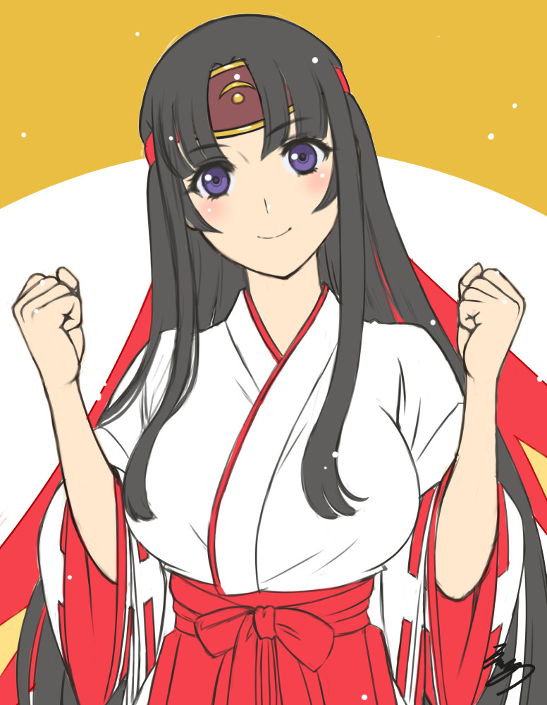 1girl anniversary black_hair blush breasts clenched_hands closed_mouth commentary_request eiwa eyebrows_visible_through_hair hakama hands_up headband japanese_clothes large_breasts long_hair long_sleeves looking_at_viewer low-tied_long_hair miko musha_miko_tomoe official_art purple_eyes queen's_blade red_hakama red_headband sidelocks signature smile solo tomoe two-tone_background very_long_hair wide_sleeves
