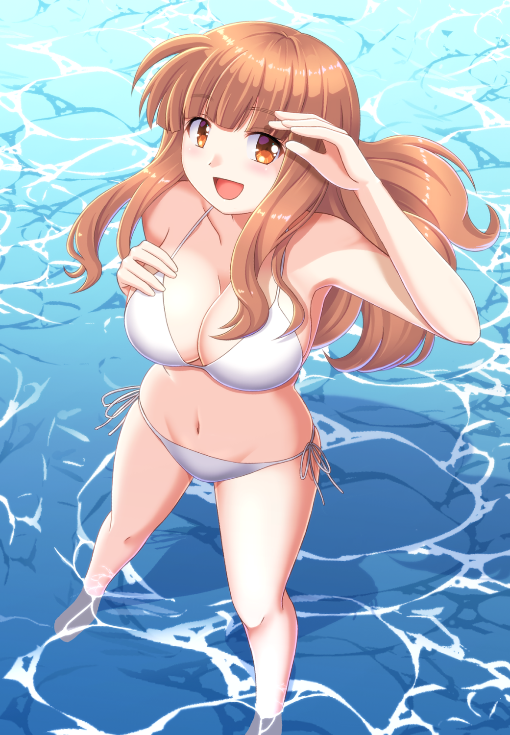 1girl beni_(bluebluesky) bikini blue_eyes breasts brown_eyes brown_hair cleavage from_above girls_und_panzer groin hand_on_own_chest highres large_breasts long_hair looking_at_viewer navel ocean side-tie_bikini smile solo swimsuit takebe_saori wading water white_bikini