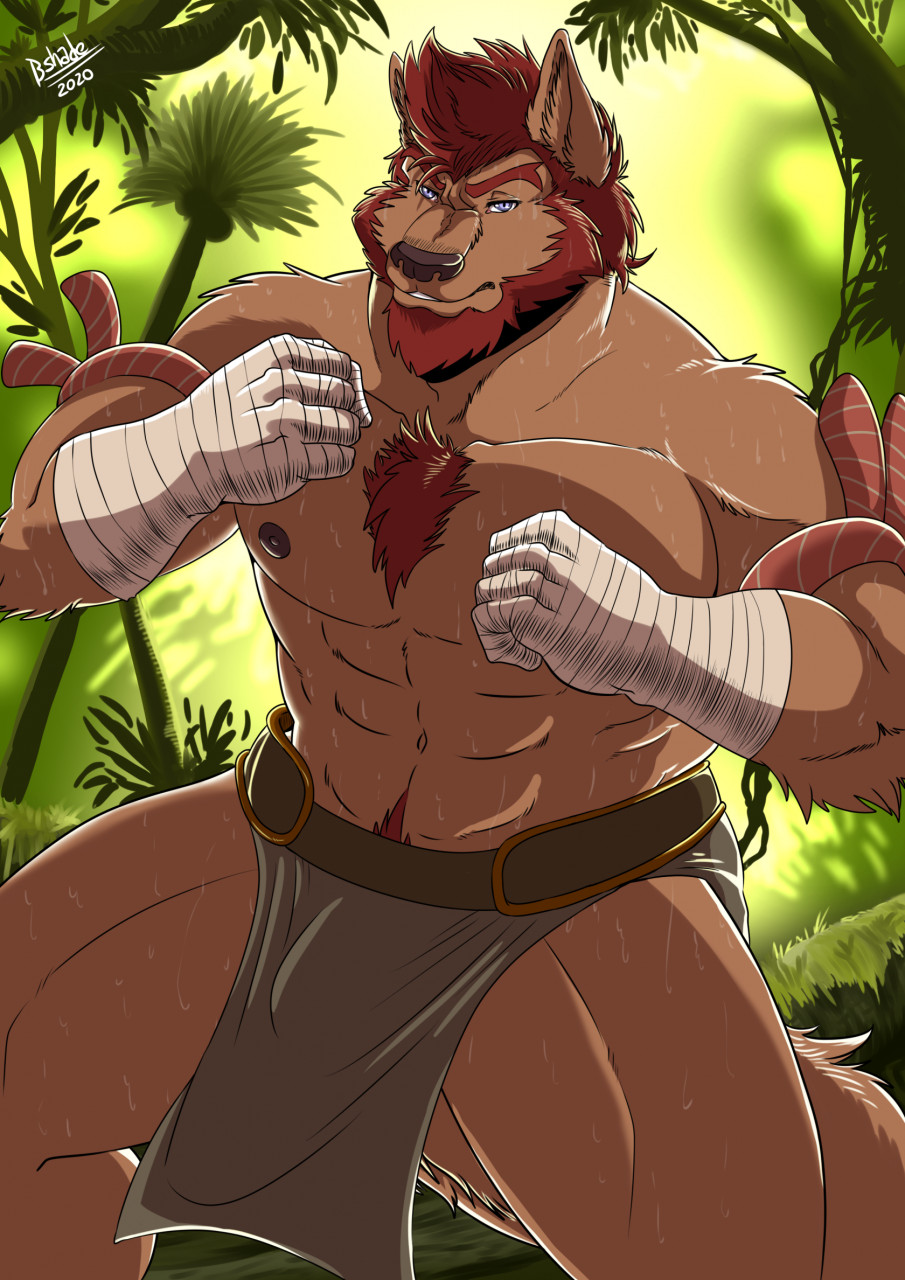 2020 abs anthro athletic athletic_anthro athletic_male beard bodily_fluids brown_body brown_fur brown_hair canid canine canis chest_tuft clothed clothing facial_hair facial_markings fighting_pose fur hair hand_wraps head_markings hi_res jungle loincloth looking_at_viewer male mammal markings muscular muscular_anthro muscular_male navel nipples pecs pose shade_the_wolf sweat sweatdrop sweaty_arms sweaty_chest sweaty_face sweaty_legs topless topless_male tree tribal tuft warrior wolf wraps