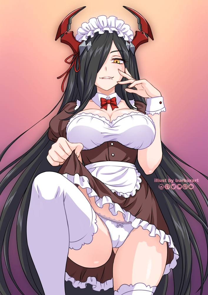 1girl alternate_costume apron azur_lane bangs biting black_hair bow bow_panties breasts burbur cameltoe cleavage covered_nipples dress dress_lift enmaided fang friedrich_der_grosse_(azur_lane) frilled_apron frills from_below hair_over_one_eye hand_to_own_mouth horns lace-trimmed_panties lace_trim large_breasts lifted_by_self lip_biting long_hair looking_at_viewer looking_down maid maid_headdress mixed-language_commentary panties parted_lips puffy_short_sleeves puffy_sleeves red_horns short_sleeves signature smile solo standing thighhighs underwear very_long_hair waist_apron white_apron white_legwear white_panties wrist_cuffs yellow_eyes